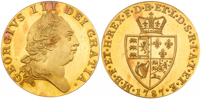 George III (1760-1820). Proof gold Guinea, 1787, fifth laureate head right, lege...