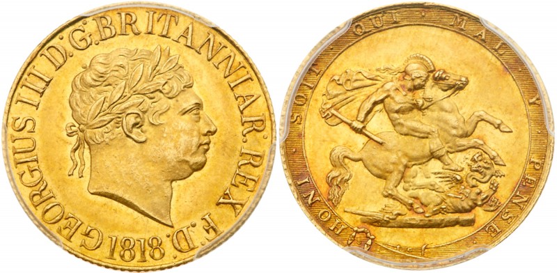 George III (1760-1820). Gold Sovereign, 1818, ascending colon in legend, first l...