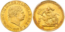 George III (1760-1820). Gold Sovereign, 1818, ascending colon in legend, first laureate head right, date below, Latin legend commences lower left GEOR...