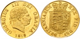 George III (1760-1820). Gold Half-Sovereign, 1818, engraved by Benedetto Pistrucci, laureate head right, date below, legend GEORGIVS III DEI GRATIA, r...