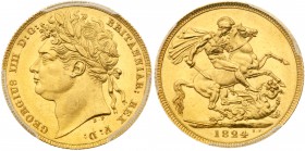 George IV (1820-30). Gold Sovereign, 1824, first laureate head left, B.P. for Benedetto Pistrucci below neck, legend and toothed border surrounding, G...