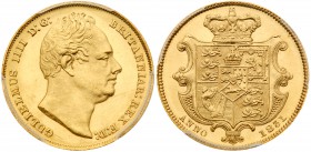 William IV (1830-37). Gold Sovereign, 1831, first bare head right, nose points to second N in legend with rounded ear, WW incuse on truncation without...