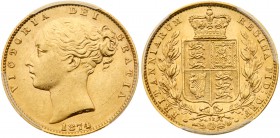 Victoria (1837-1901). gold Sovereign, 1874, die number 32 on reverse, young head facing left, date below, W.W. raised on truncation for engraver Willi...