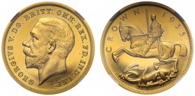 George V (1910-36). Gold Proof Crown, 1935, Silver Jubilee Issue, bare head left with raised BM for Bertram Mackennal on truncation, legend and toothe...