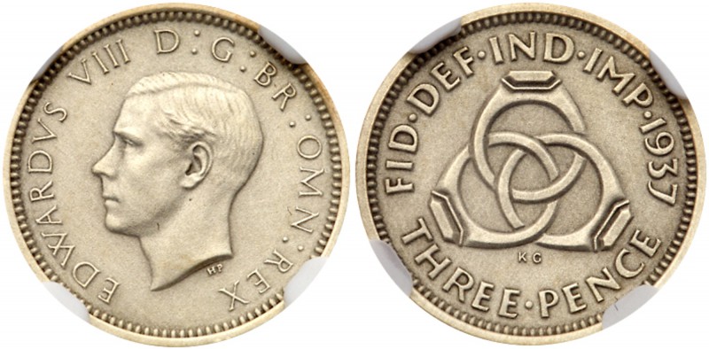 Edward VIII (Jan-Dec 1936). Half-silver matte Proof Threepence, 1937, bare head ...