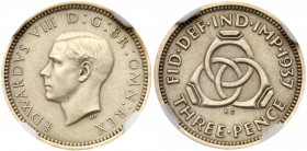 Edward VIII (Jan-Dec 1936). Half-silver matte Proof Threepence, 1937, bare head left, HP below for designer T Humphrey Paget, Latin legend and toothed...