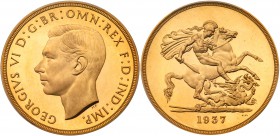 George VI (1936-52), Gold Proof Five Pounds, 1937. Bare head facing left, tiny HP below for designer Humphrey Paget, legend and toothed border surroun...