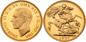 George VI (1936-52), Gold Proof Two Pounds, 1937. Bare head facing left, tiny HP below for designer Humphrey Paget, legend and toothed border surround...