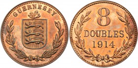 Chanel Islands, Guernsey, British Dependency. Heaton Mint Specimens, bronze 8-Doubles 1914 H (KM 14); bronze 2-Doubles 1914 H (KM 12). Hint of light b...