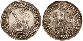 Ferdinand I (1521-1564)
Silver Taler/Tall&eacute;r, 1556 KB, 28.63g. K&ouml;rm&ouml;cb&aacute;nya/Kremnitz. Crowned, armored half-figure right, holdi...