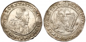 Rudolf (1576-1608)
Silver Taler/Tall&eacute;r, 1593 KB, 28.37g. K&ouml;rm&ouml;cb&aacute;nya/Kremnitz. Draped, armored bust right wearing ruff, flank...