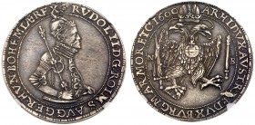 Rudolf (1576-1608)
Silver Taler/Tall&eacute;r, 1600 NB, 28.87g. Nagyb&aacute;nya/Neustadt. Crowned, armored half-figure right, holding scepter, hand ...