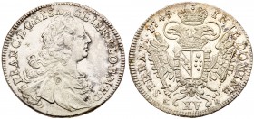 Franz I / Lotharingiai Ferenc (1746-1765)
Silver XV Krajc&aacute;r, 1749 KB, 6.05g. K&ouml;rm&ouml;cb&aacute;nya/Kremnitz. Laureate, draped and cuira...