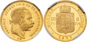 Franz Josef / Ferenc J&oacute;zsef (1848-1916)
Gold 8 Forint-20 Francs, 1877 KB. Kremnitz. Laureate head right. Rev. Crowned Arms (KM 455.1). In NGC ...