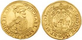 Michael Apafi / Apafi Mih&aacute;ly (1661-1690)
Gold 10 Ducat/10 Aranyforint, 1668 AF, 34.66g. F?g?ra?. MICHAEL.APAFI.D.G.PRIN.TRAN (arabesque), Armo...