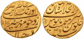 India, Mughal Empire, Aurangzeb (AH 1068-1118 / 1658-1707 AD). Gold Mohur, Shajahanabad, AH 1114, year 47, 10.95g (KM 315.42). Full name, date, regnal...