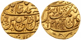 India, Awadh, Gold Mohur in the name of Shah Alam II, Najibabad, AH (12)06, year 32. Mint marks fish and fleur de lis, 10.74g (KM 120). Good Extremely...