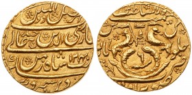 India, Awadh, Ghazi ud-Din Haidar, as King (AH 1234-1243 / 1819-1827 AD). Gold Ashrafi, Dar as-Sultanat Lakhnau Suba Awadh, AH 1240, year 6, Rev. crow...