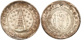 India, Madras Presidency. Silver &frac12;-Pagoda (1808-12), large letters, nine stars, gopuram between G-O, empty buckle, rev Vishnu standing with swo...