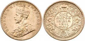 India, British India, George V (1911-36). Restrike silver Proof Rupee, 1911C, type B, bust of the king wearing Order of the Indian Empire with natural...