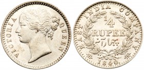 India, British India, Victoria (1837-1901). Silver &frac14;-Rupee Mule, 1840, divided legend, WW on truncation, Rev. dot after date, serif on 4, cresc...