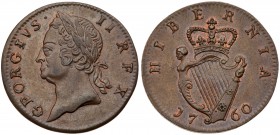Ireland George II (1727-60). Copper Halfpenny, 1736, older laureate head left, legend and toothed border surrounding, Rev. crowned harp, date either s...