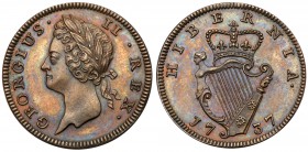 Ireland George II (1727-60). Copper Proof Farthing 1737, young laureate head left, legend and toothed border surrounding, Rev. crowned harp, date eith...