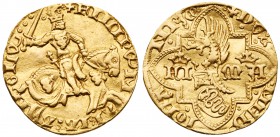 Italian States: Milan. Filippo Maria Visconti (1412-1447). Gold Florin, undated, 3.4g. Duke on horseback, Rev. Helmeted with dragon crest above coat-o...