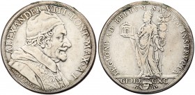Italian States: Papal/Roman States. Alexander VIII (1689-91). Silver Piastra, 1690. Bust right, Rev. figure of the church with tiara, temple, and insi...