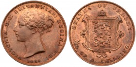 Jersey, Victoria (1837-1901). Copper 1/26th of a Shilling, 1851, young head left, date below, Rev. Arms of Jersey and value (Pr. 31; KM 4; S.7002). To...