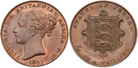 Jersey, Victoria (1837-1901). Copper 1/13th of a Shilling, 1851, young head left, date below, Rev. Arms of Jersey and value (Pr. 5; KM 3; S.7001). A c...