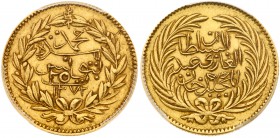 Tunisia, Abdul Mejid with Muhammad Bey (1272-76h / 1856-59 AD). Gold 25-Piastres AH1272 (1856), legend within wreath, value 25 struck over 20, date be...