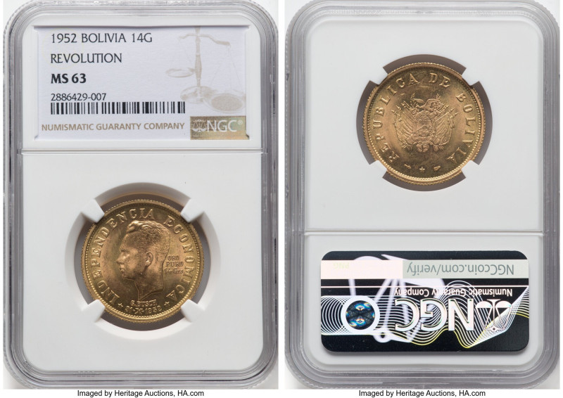 Republic gold "1952 Revolution" 14 Gramos 1952-(a) MS63 NGC, Paris mint, KM-X12....