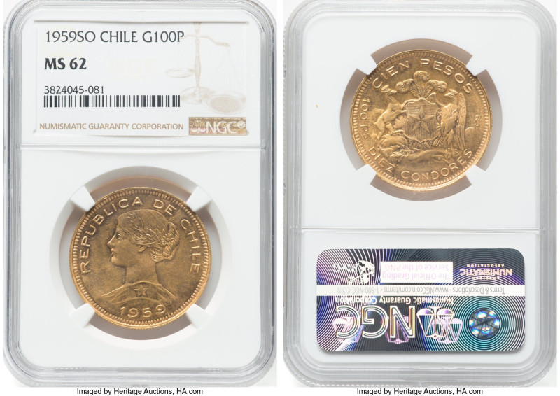 Republic gold 100 Pesos 1959-So MS62 NGC, Santiago mint, KM175, Fr-54. When caug...