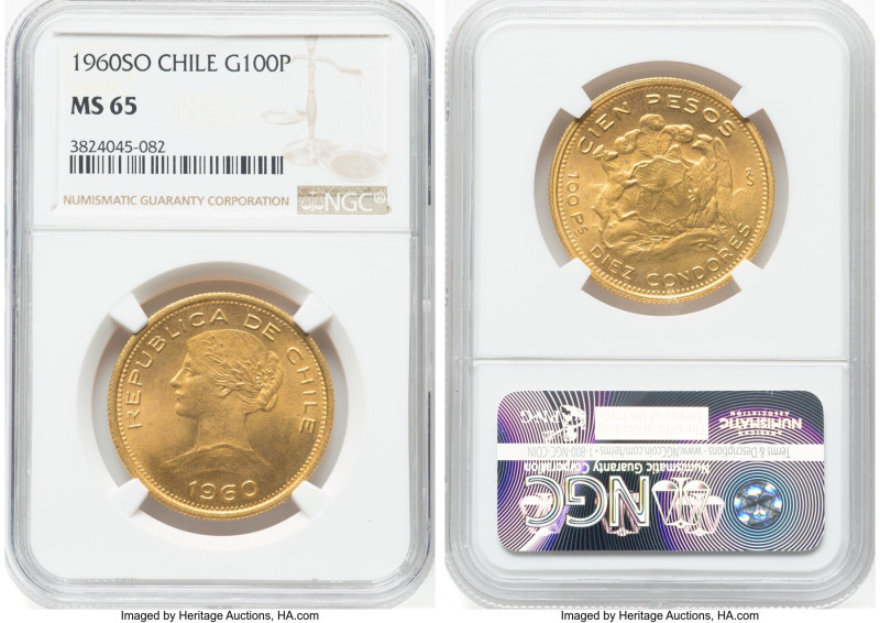 Republic gold 100 Pesos 1960-So MS65 NGC, Santiago mint, KM175, Fr-54. A splendi...