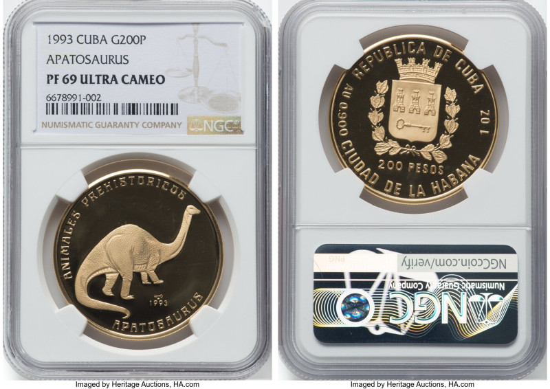 Republic gold Proof "Apatosaurus" 200 Pesos 1993 PR69 Ultra Cameo NGC, Havana mi...