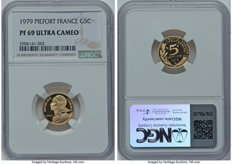 Republic gold Proof Piefort 5 Centimes 1979 PR69 Ultra Cameo NGC, Paris mint, KM...