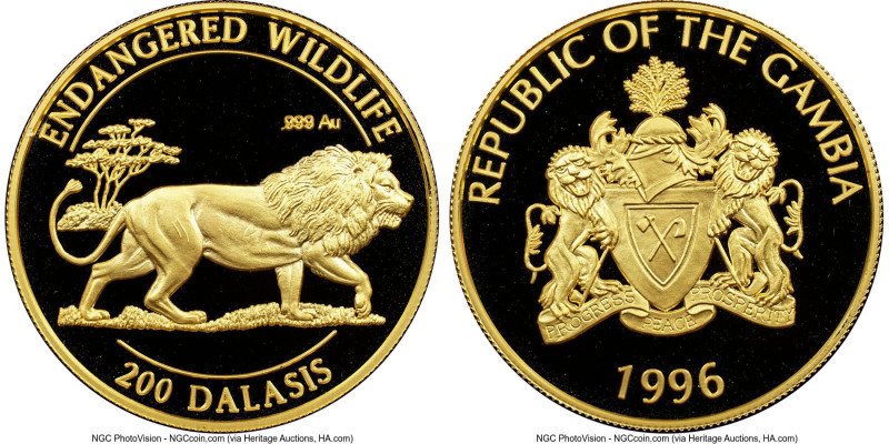 Republic gold Proof "Lion" 200 Dalasis 1996 PR70 Ultra Cameo NGC, KM48. Endanger...