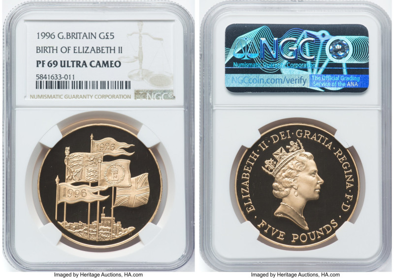 Elizabeth II gold Proof "Birth of Elizabeth II" 5 Pounds 1996 PR69 Ultra Cameo N...