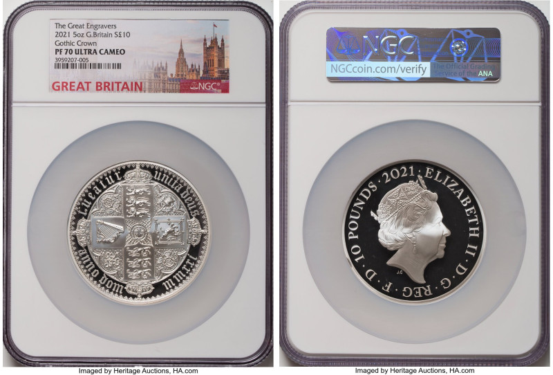 Elizabeth II silver Proof "Gothic Crown - Quartered Arms" 10 Pounds (5 oz) 2021 ...