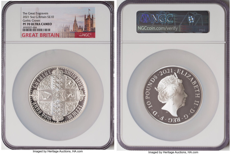 Elizabeth II silver Proof "Gothic Crown - Quartered Arms" 10 Pounds (5 oz) 2021 ...