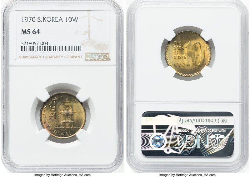 South Korea. Republic 10 Won 1970 MS64 NGC, Daejeon (South Korea) mint, KM6a. Th...