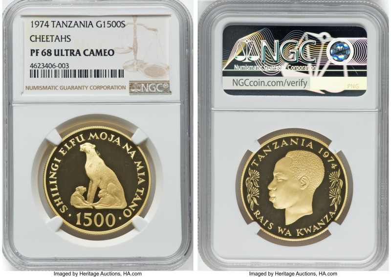 Republic gold Proof "Cheetahs" 1500 Shilingi 1974 PR68 Ultra Cameo NGC, KM9, Fr-...