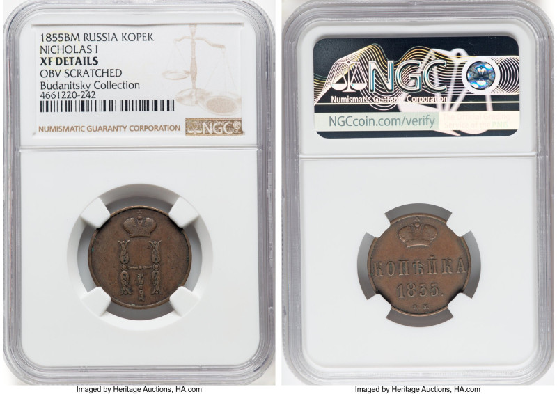 Nicholas I Kopeck 1855-BM XF Details (Obverse Scratched) NGC, Warsaw mint, KM-C1...