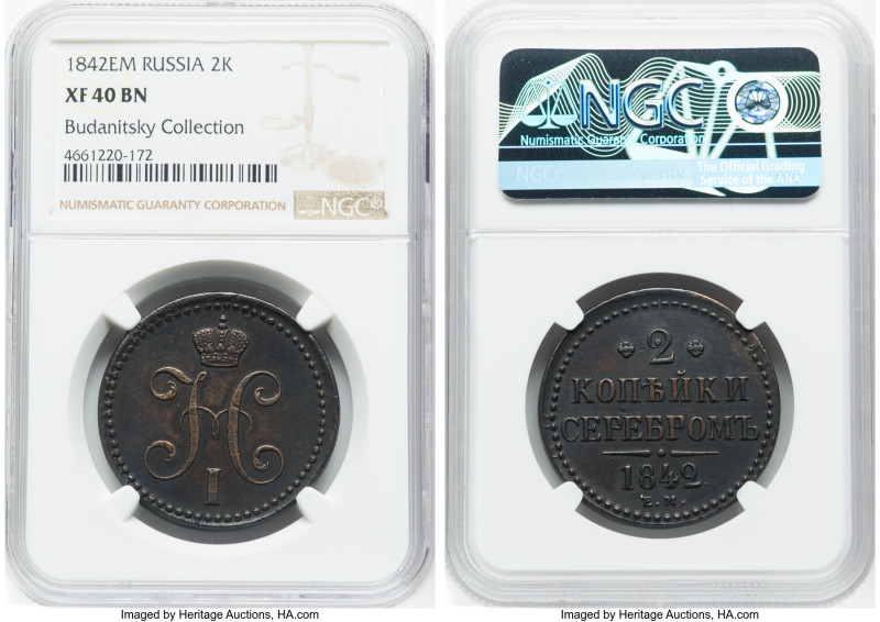 Nicholas I Pair of Certified Assorted 2 Kopecks 1842 NGC, 1) 1842-EM - XF40 Brow...