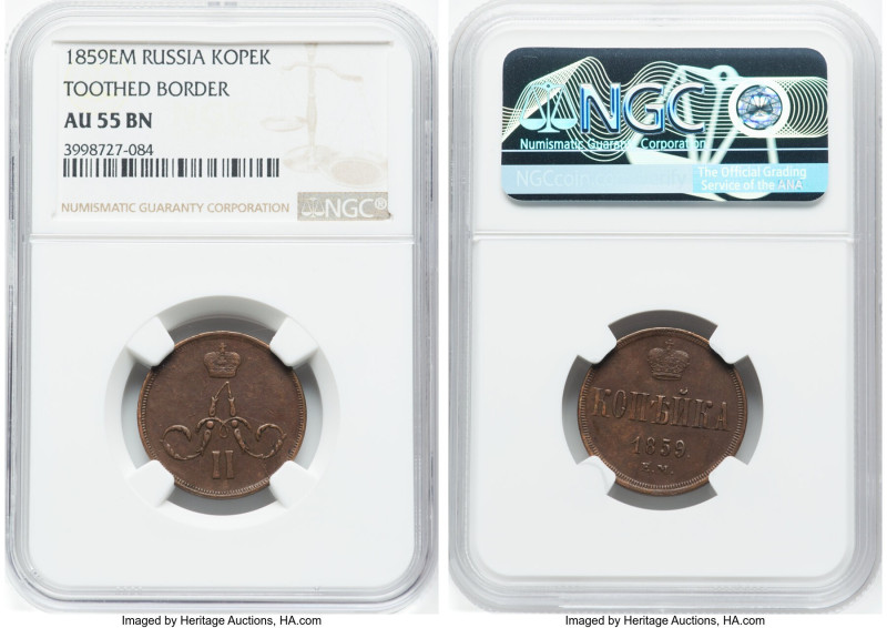 Alexander II Pair of Certified Assorted Kopeck 1859-EM NGC, 1) "Toothed Border" ...