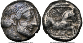 PHILISTIA. Gaza. Before 333 BC. AR drachm (14mm, 3.64 gm, 1h). NGC VF 5/5 - 2/5, edge cut, scratches. Bearded male head right, in an archaic style / '...