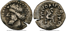 PARTHIAN KINGDOM. Vologases I (ca. AD 50-78). AR diobol (13mm, 11h). NGC Choice Fine Diademed, draped bust of Vologases I left / KVPIV OΛIΓAΣOV TOV, a...