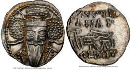 PARTHIAN KINGDOM. Vologases V (ca. AD 191-208). AR drachm (19mm, 3.68 gm, 1h). NGC MS 4/5 - 3/5. Ecbatana. Diademed facing bust, with pointed beard of...