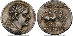 BACTRIAN KINGDOM. Eucratides I the Great (ca. 170-145 BC). AR drachm (18mm, 4.25 gm, 12h). NGC Choice XF 5/5 - 3/5, light marks. Diademed, draped bust...
